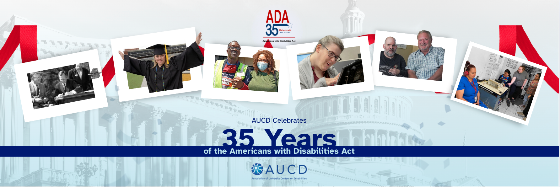 Banner featuring diverse individuals with disabilities participating in various activities, celebrating 35 years of the Americans with Disabilities Act. AUCD logo and Capitol building in background.