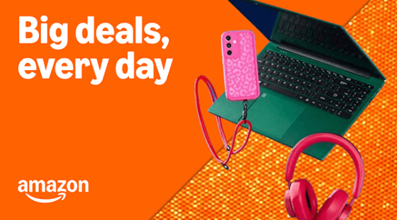 Big Deals, Every Day Image of green laptop pink phone case and pink headphones with Amazon Logo
